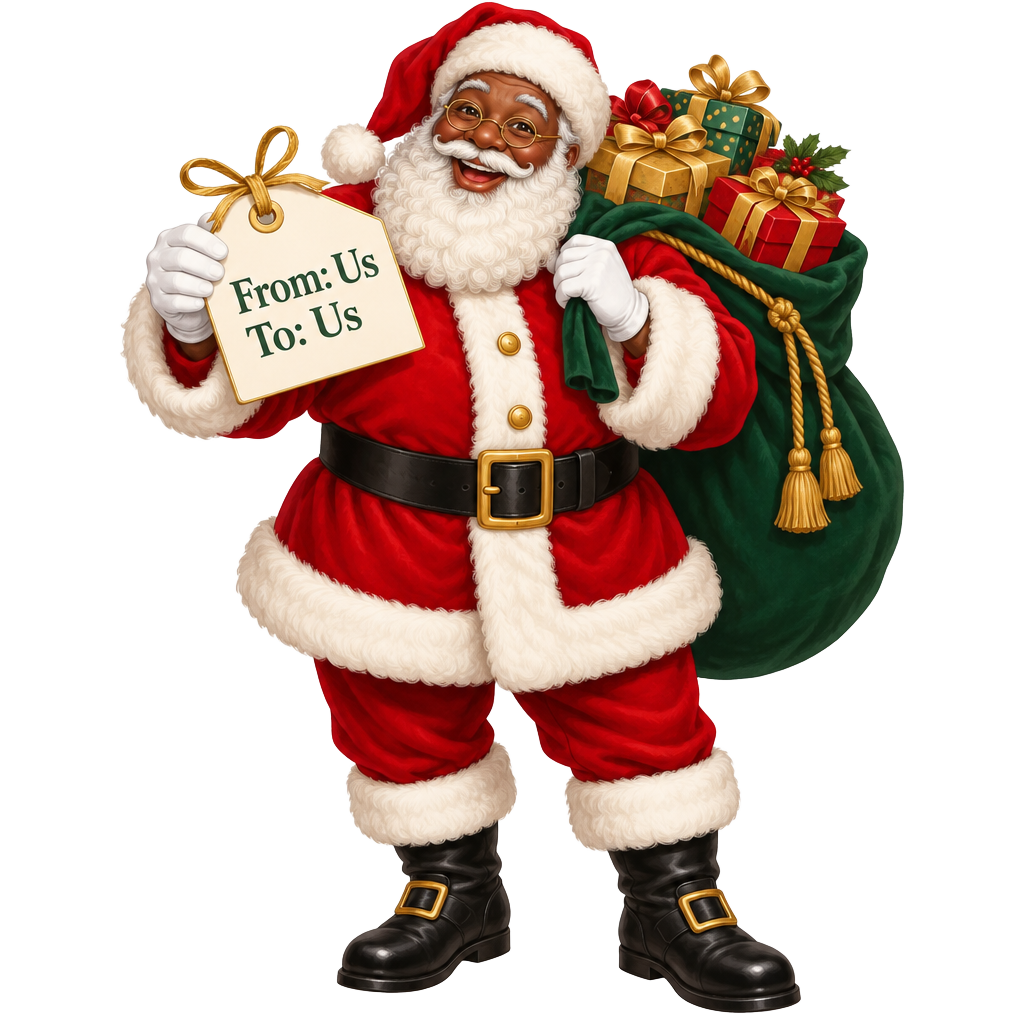 Black Santa carrying gifts and holding a From: Us, To: Us tag